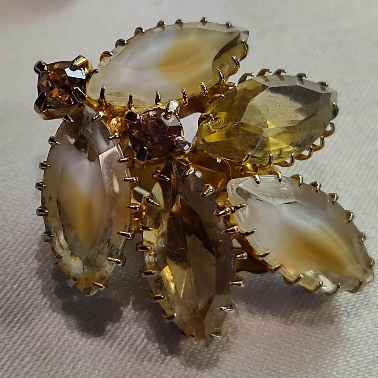 1960's Yellow and Pearlescent Rhinestone Leaf Clip Earrings