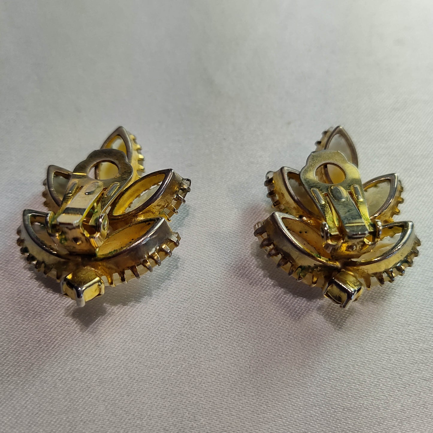1960's Yellow and Pearlescent Rhinestone Leaf Clip Earrings