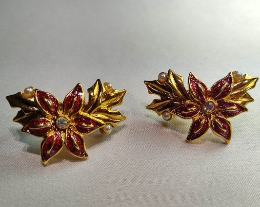1960's Vintage Red and Clear Rhinestone with Pearl Beads Flower Clip Earrings