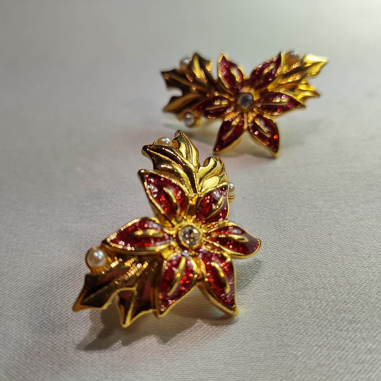 1960's Red and Clear Rhinestone with Pearl Beads Flower Clip Earrings