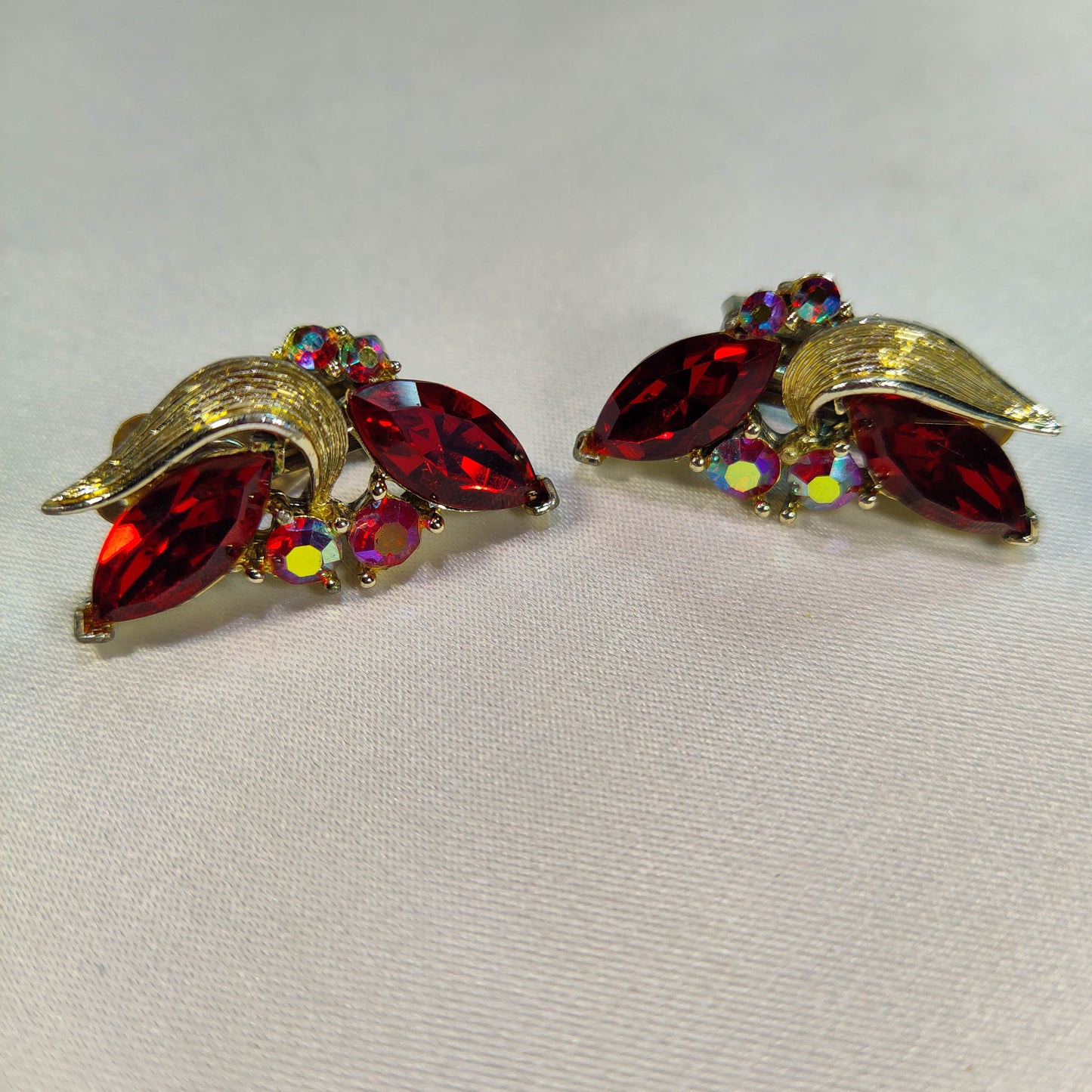1950's Red and Aurora Borealis Rhinestone Clip Earrings by Lisner