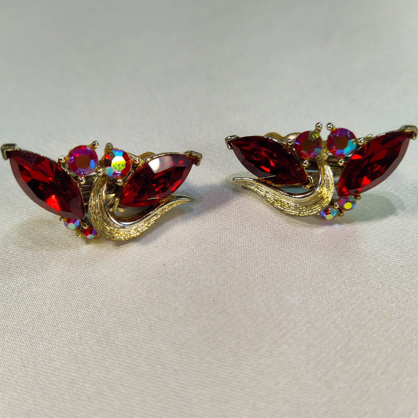 1950's Red and Aurora Borealis Rhinestone Clip Earrings by Lisner