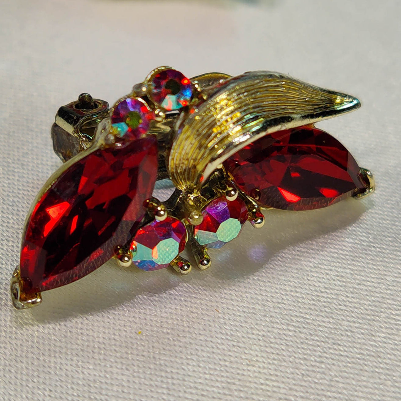 1950's Red and Aurora Borealis Rhinestone Clip Earrings by Lisner