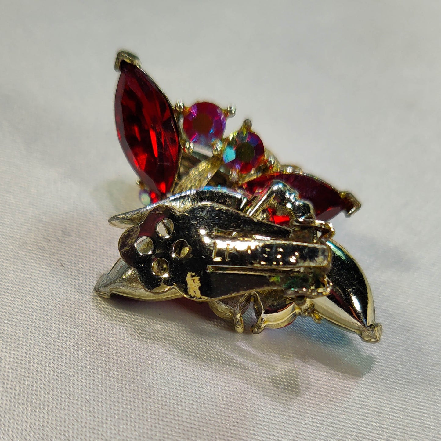 1950's Red and Aurora Borealis Rhinestone Clip Earrings by Lisner