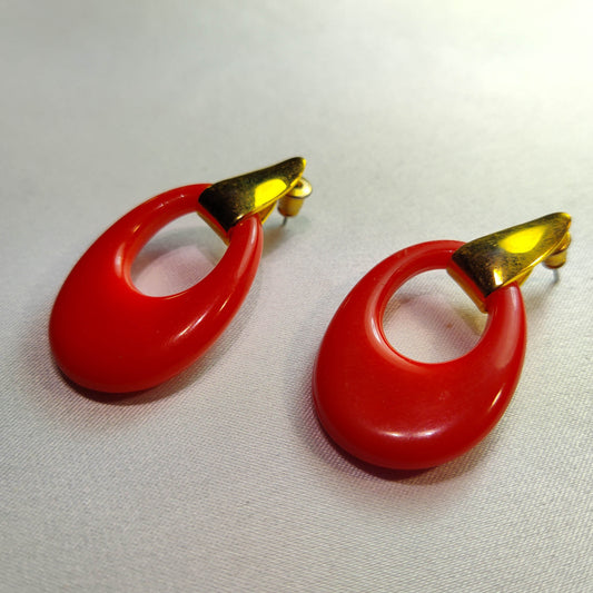 1960's Vintage Red Lucite Dangle Loop Pierced Earrings