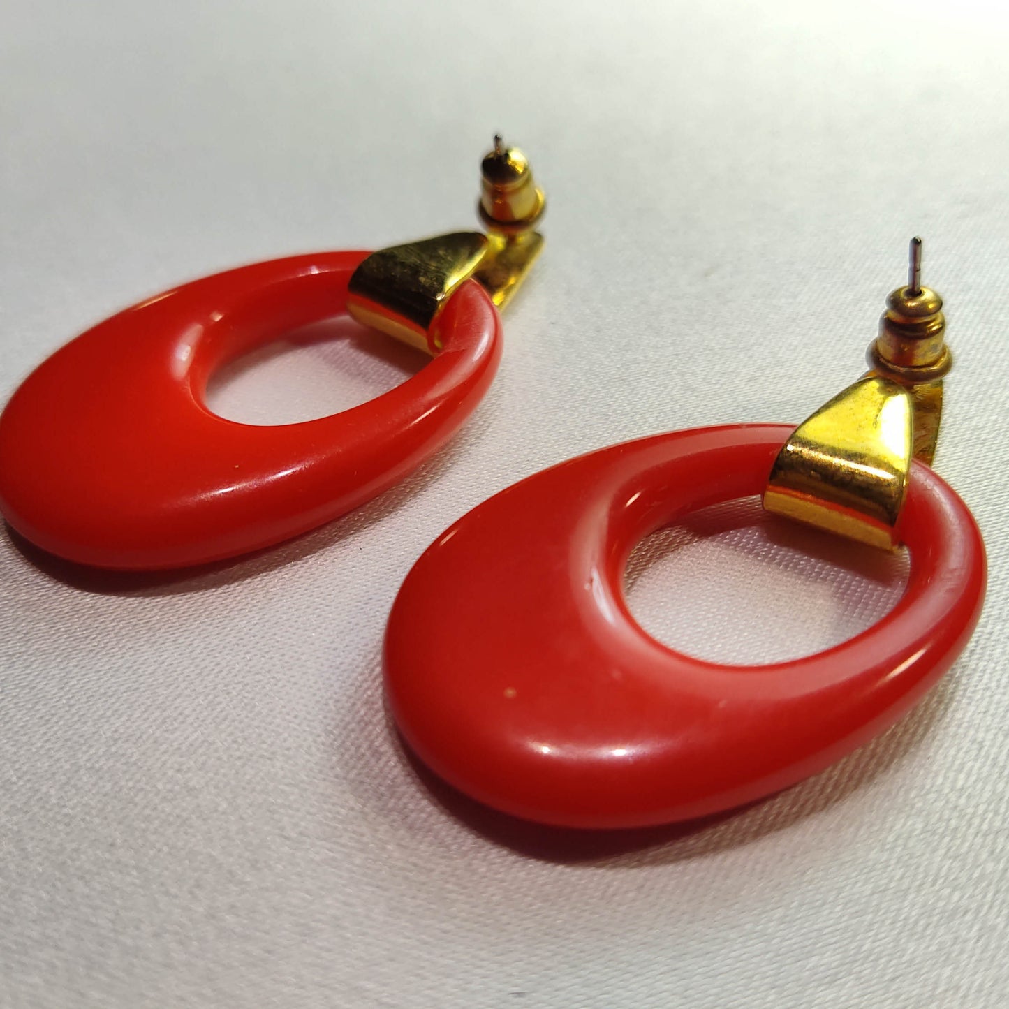 1960's Vintage Red Lucite Dangle Loop Pierced Earrings