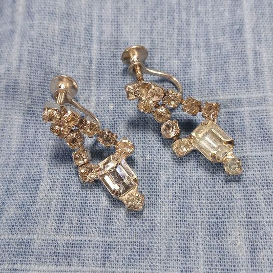 1940s Vintage Clear Rhinestone Screw Back Dangle Earrings