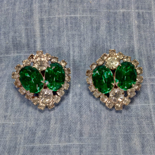 1950s Vintage Clear and Green Rhinestone Tear Drop Earrings