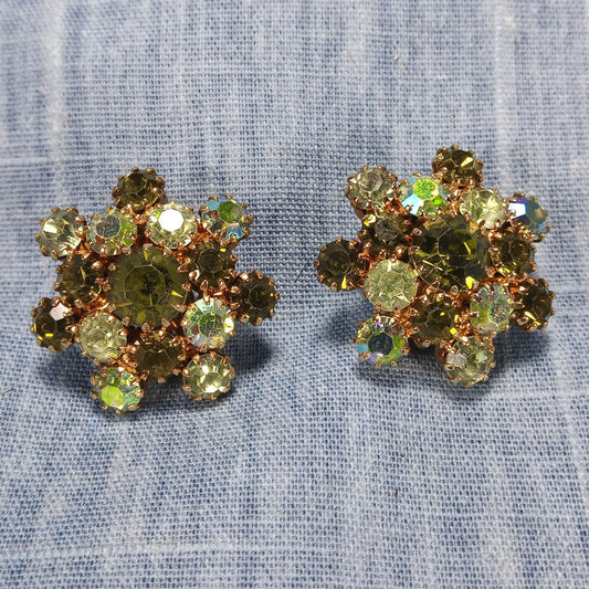 1950s Vintage Olive Green and Aurora Borealis Rhinestone Clip Earrings
