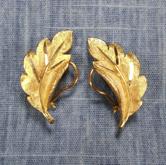 1970s Vintage Clip Earrings with a Gold Tone Metal Leaf Design by BSK