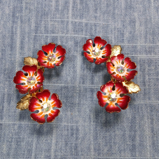 1960s Vintage Clip Earrings with Red and Gold Tone Spray Flower from Coro