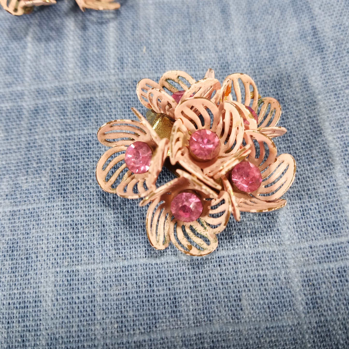 1950s Vintage Flower Clip Earrings with Pink Rhinestones and Enamel