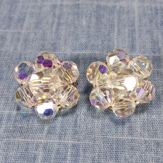 1950s Vintage Flower Clip Earrings with Borealis Beads