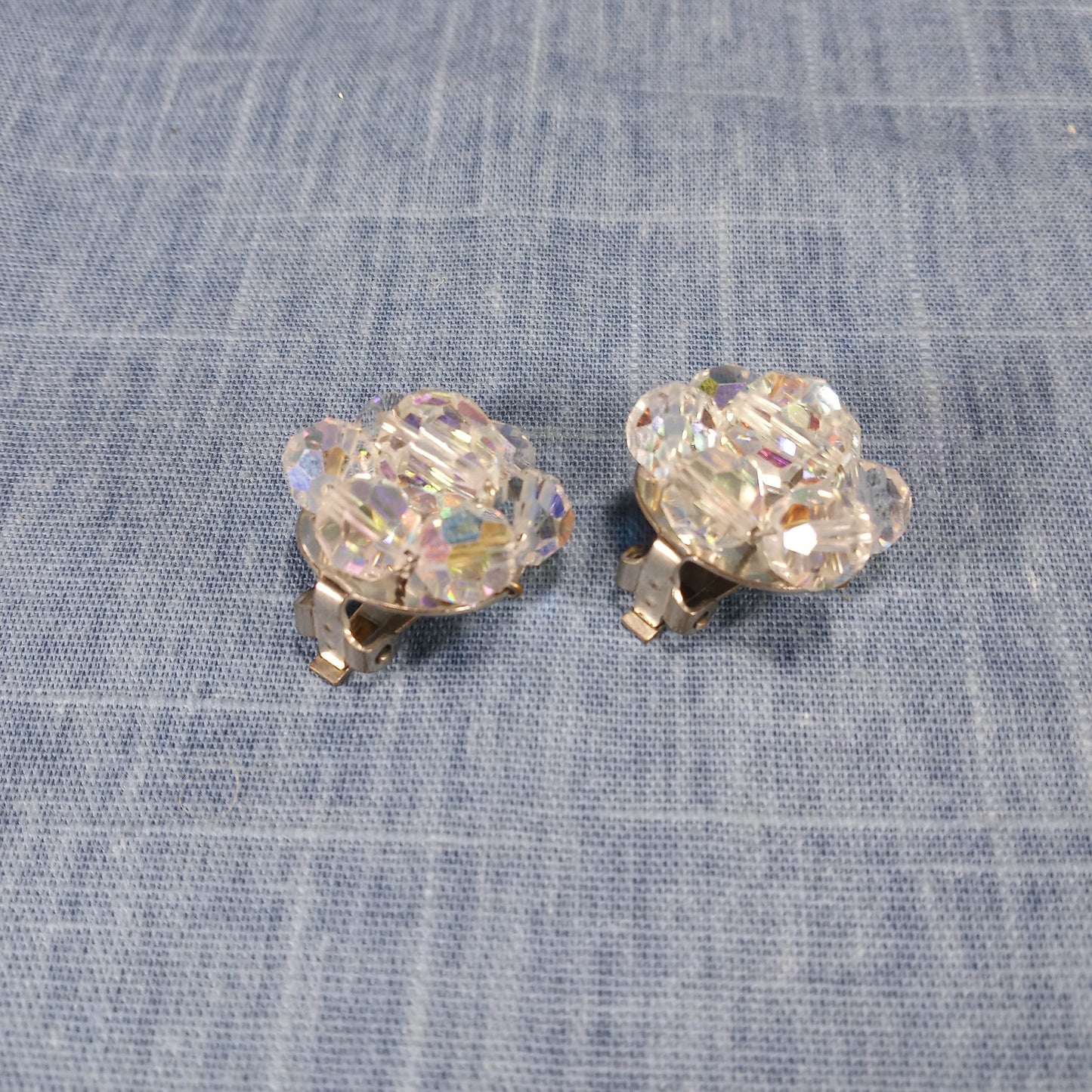 1950s Vintage Flower Clip Earrings with Borealis Beads