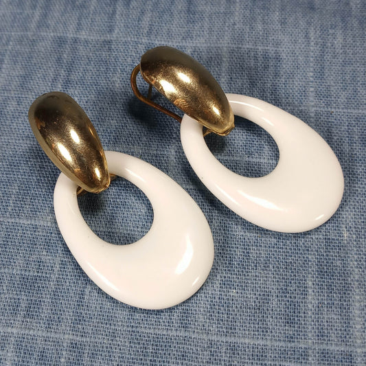 1980s Vintage Hoop Pierced Earrings with White Oval Drops