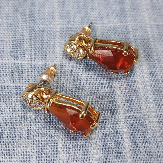 1970s Vintage Pierced Earrings with Red and Clear Rhinestone Drops