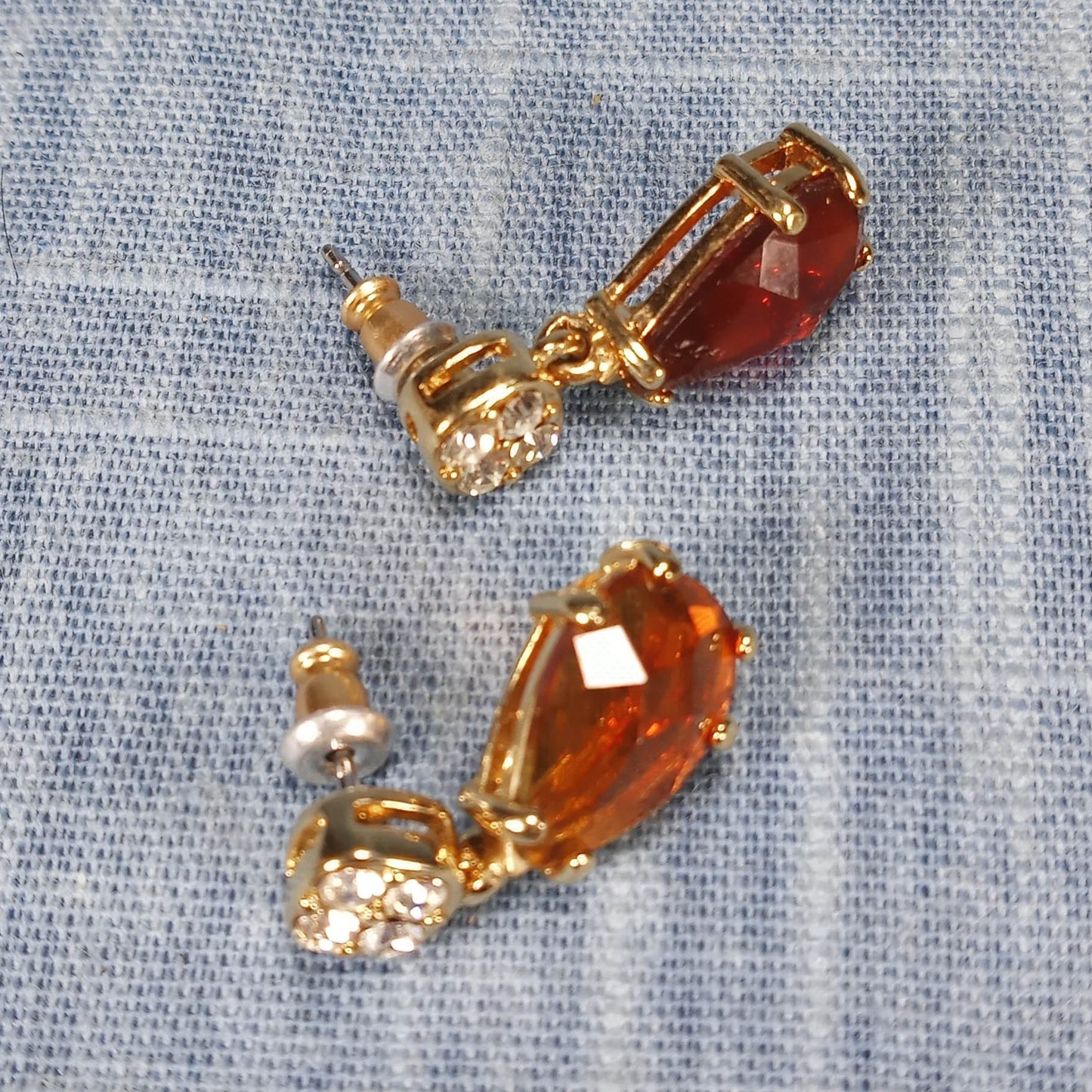 1970s Vintage Pierced Earrings with Red and Clear Rhinestone Drops