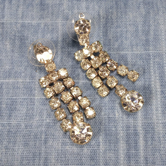 1950s Vintage Dangle Pierced Earrings with Clear Rhinestones