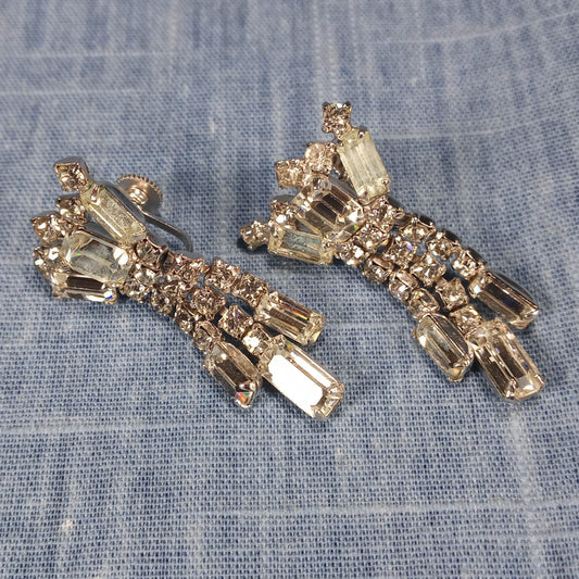 1950s Vintage Dangle Screw Back Earrings with Clear Rhinestones
