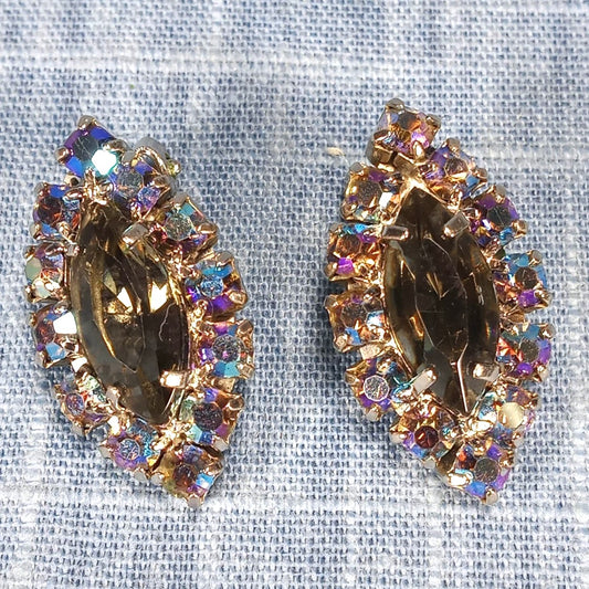 1950s Vintage Oval Clip Earrings with Gray and Aurora Borealis Rhinestones
