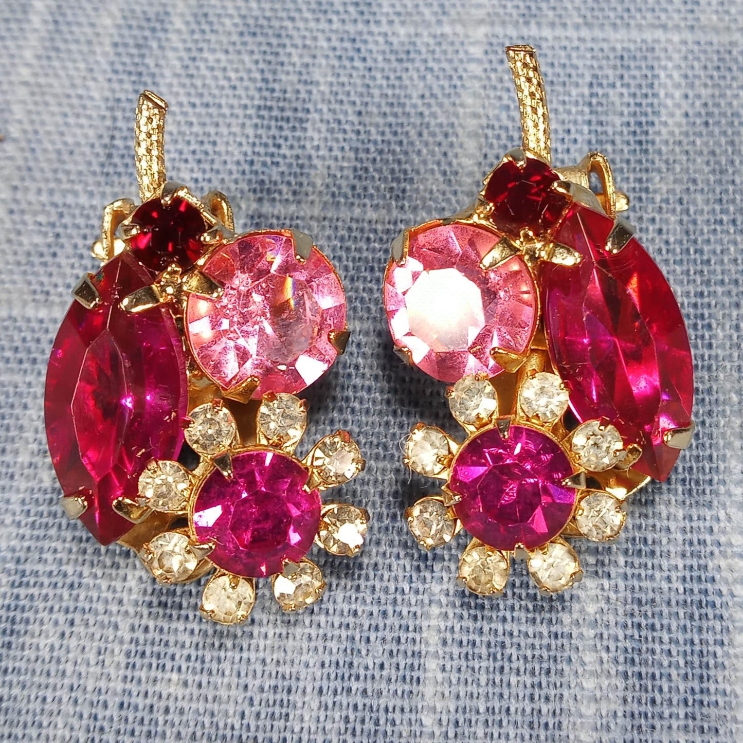 1960s Vintage Clip Flower Earrings with Pink and Clear Rhinestones