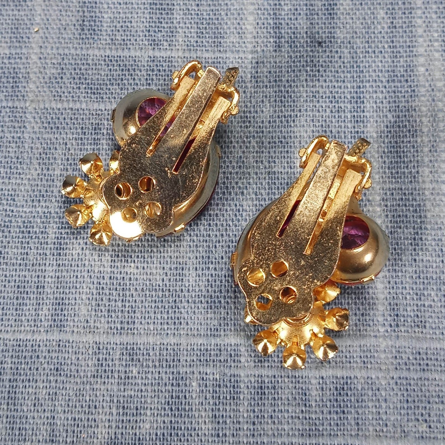 1960s Vintage Clip Flower Earrings with Pink and Clear Rhinestones