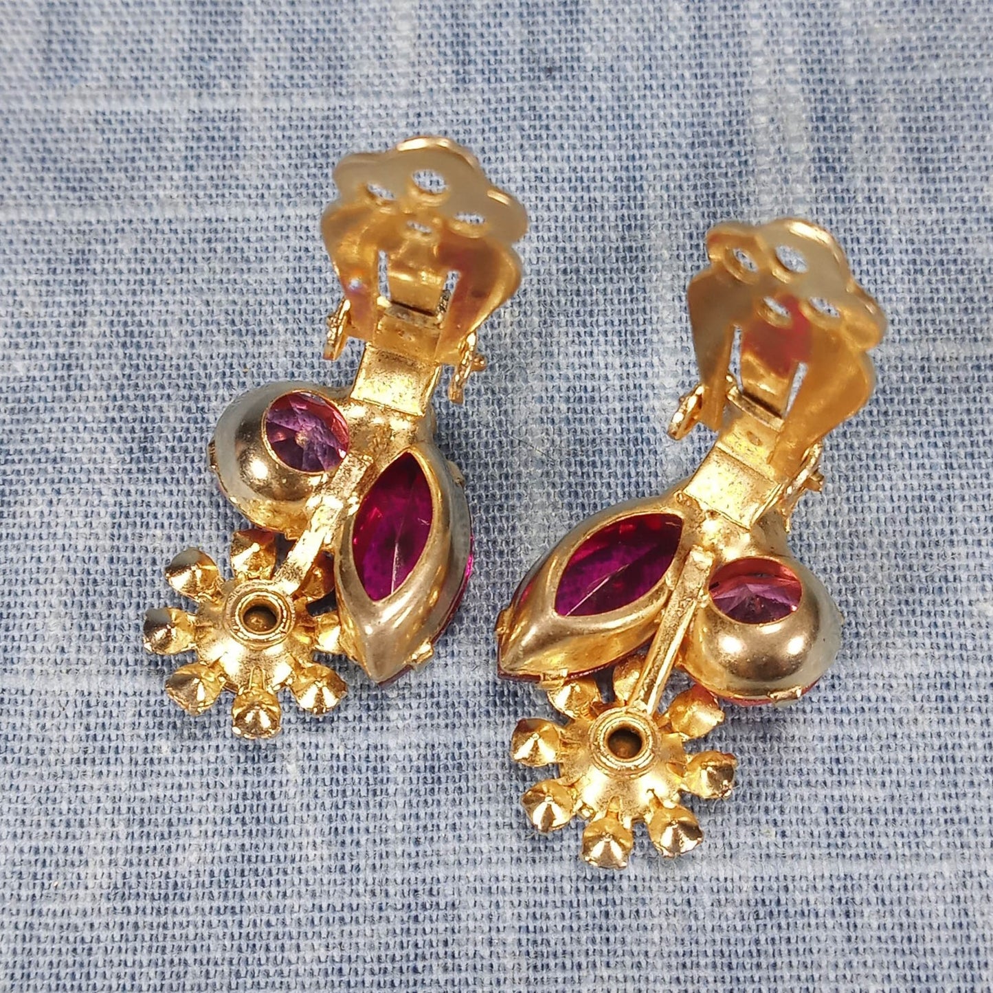 1960s Vintage Clip Flower Earrings with Pink and Clear Rhinestones