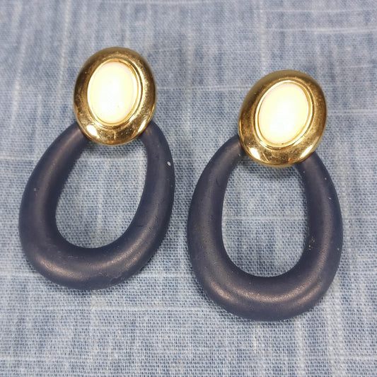 1980s Vintage Large Loop Pierced Earrings in Black, Cream, and Gold