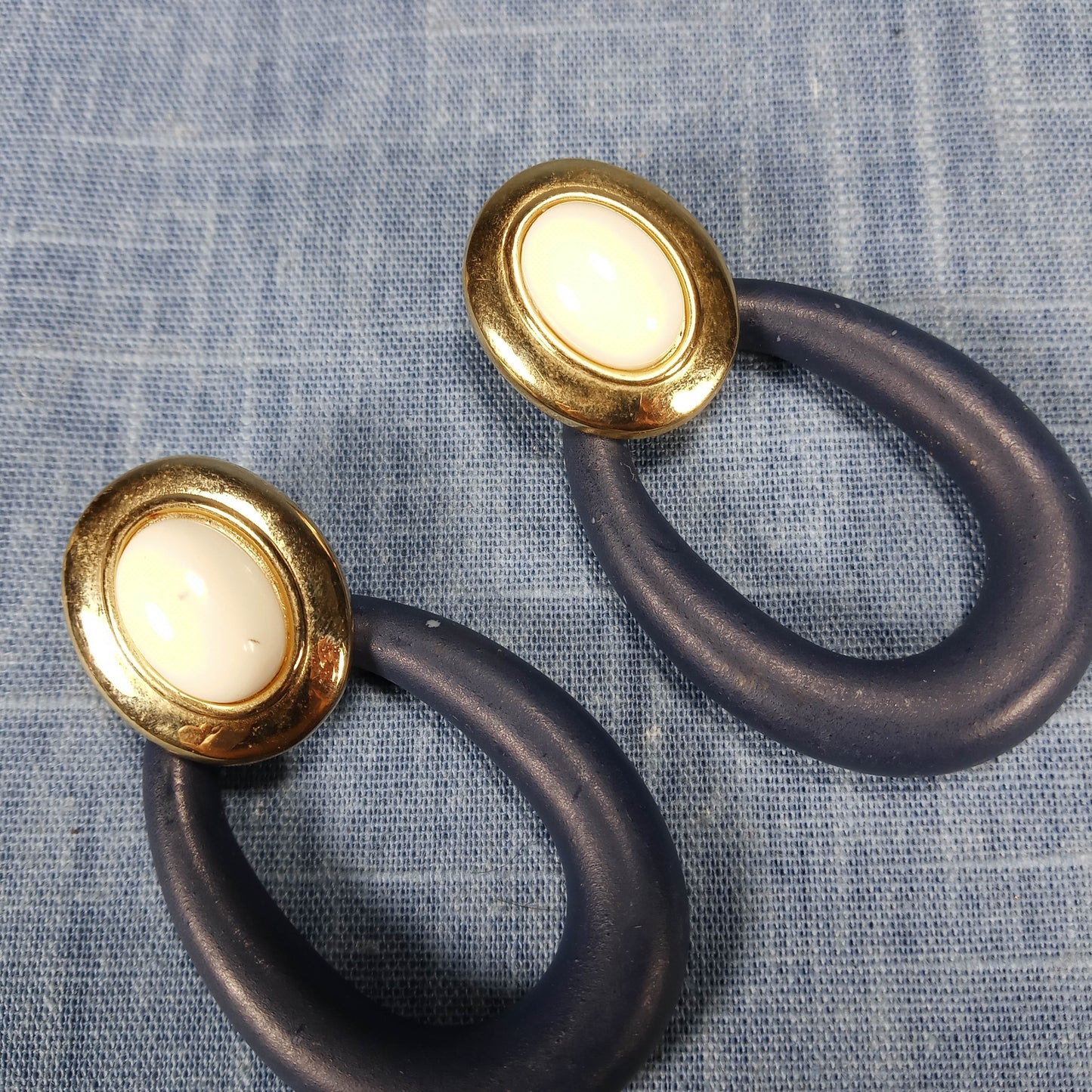 1980s Vintage Large Loop Pierced Earrings in Black, Cream, and Gold