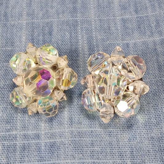 1950s Vintage Cluster Clip Earrings with Aurora Borealis Crystals