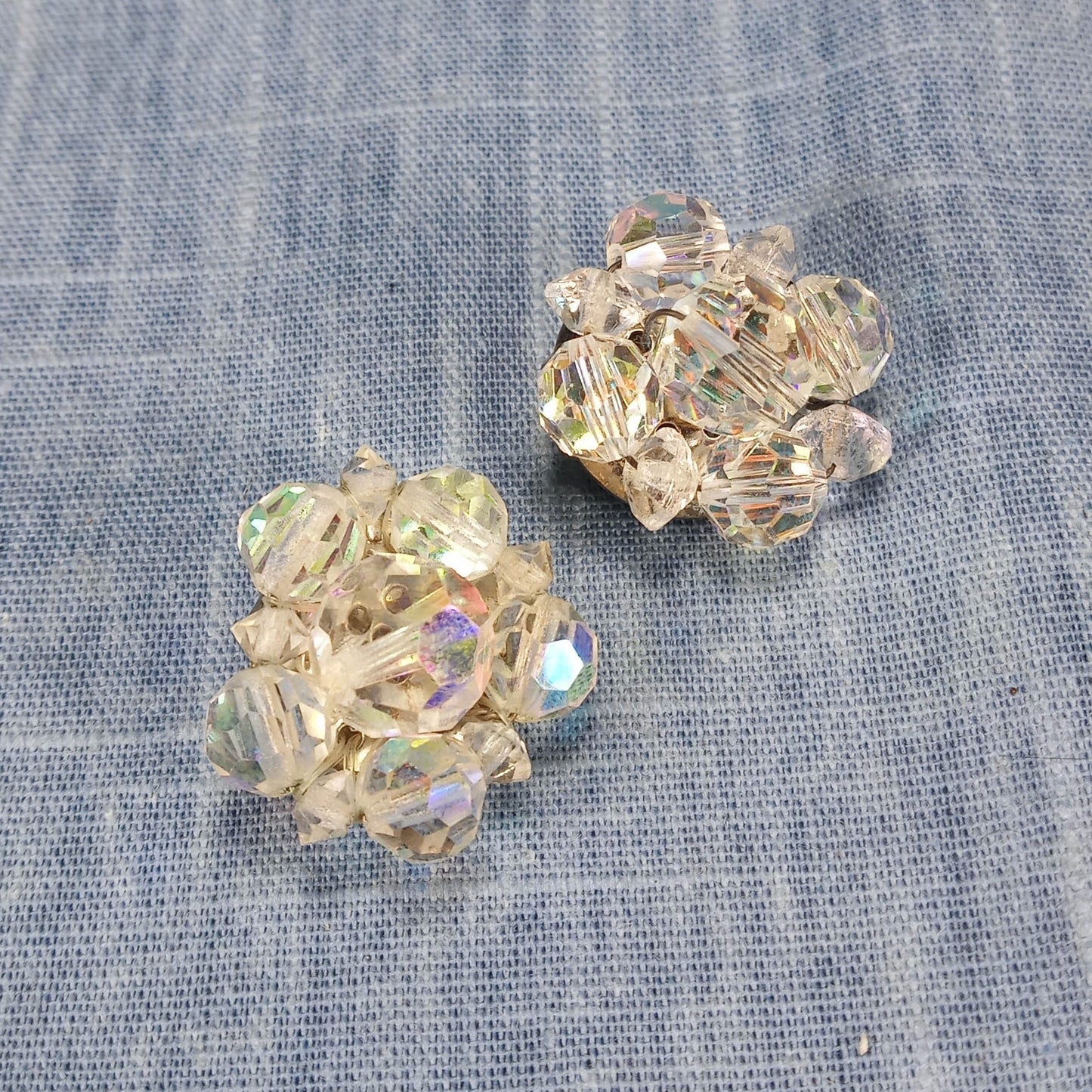 1950s Vintage Cluster Clip Earrings with Aurora Borealis Crystals