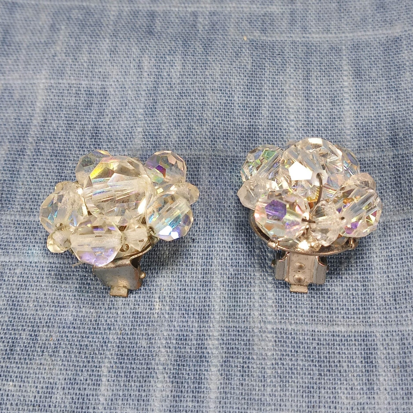 1950s Vintage Cluster Clip Earrings with Aurora Borealis Crystals