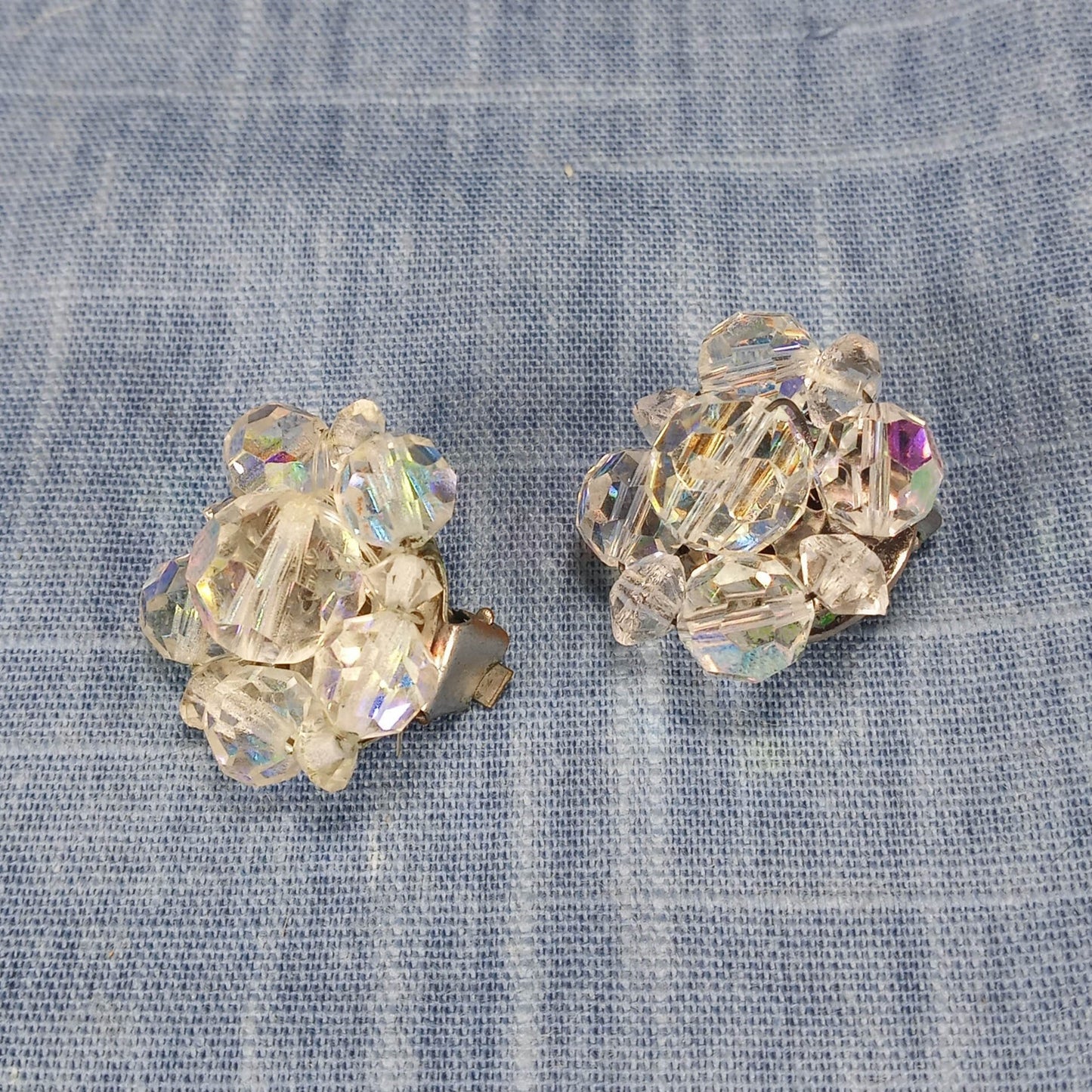 1950s Vintage Cluster Clip Earrings with Aurora Borealis Crystals