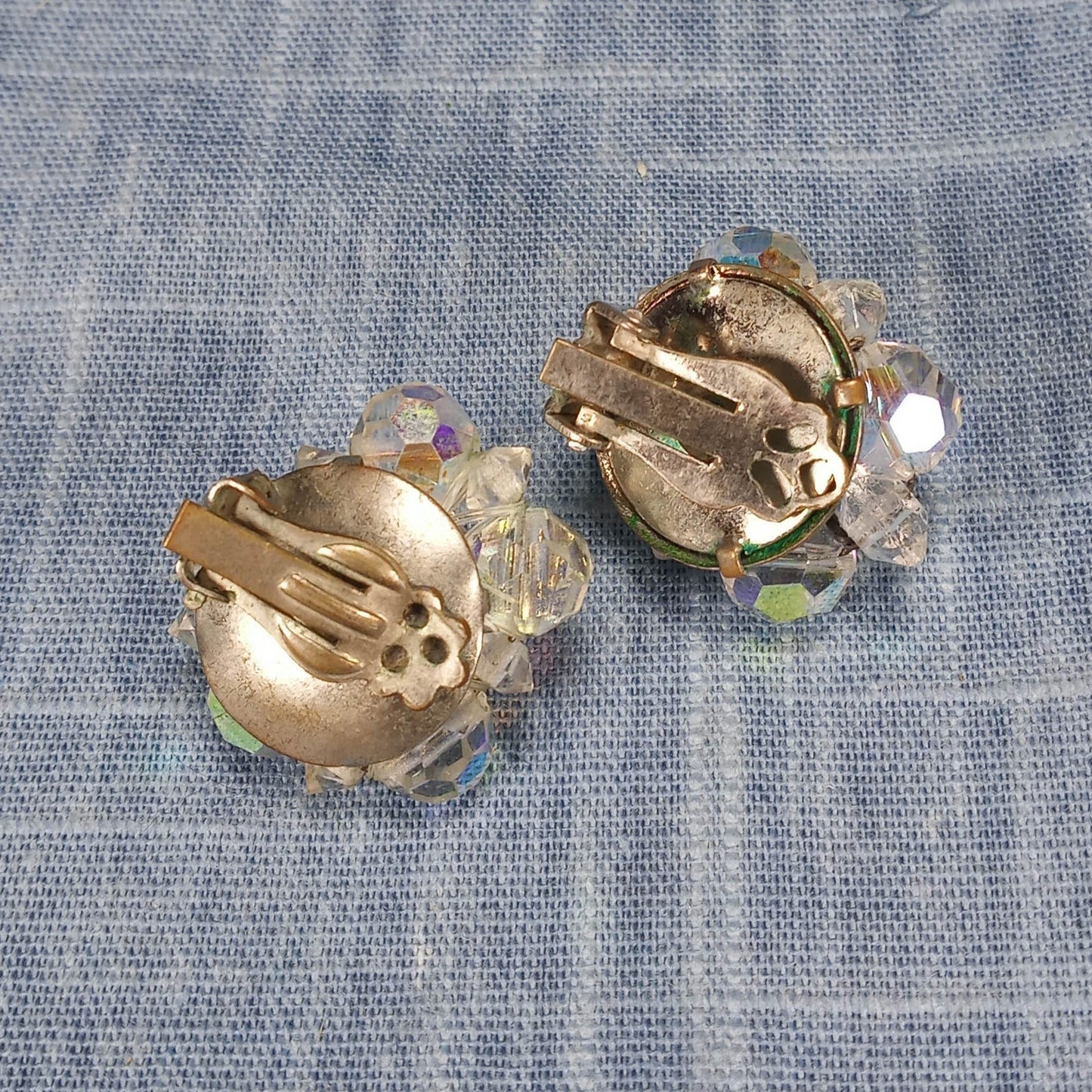1950s Vintage Cluster Clip Earrings with Aurora Borealis Crystals