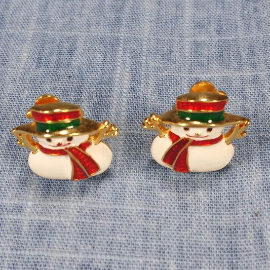 1980s Vintage Snowman Clip Earrings in Red, Green, and Gold Enamel