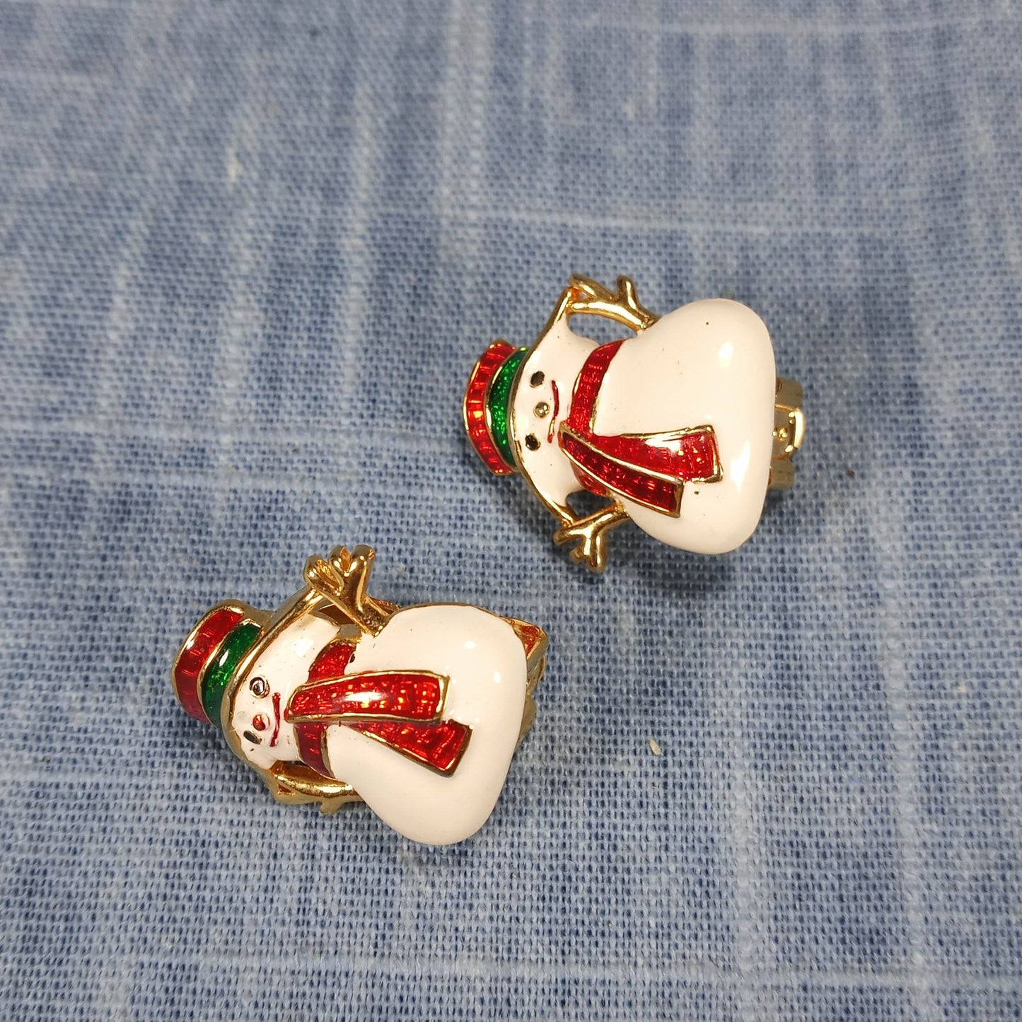 1980s Vintage Snowman Clip Earrings in Red, Green, and Gold Enamel
