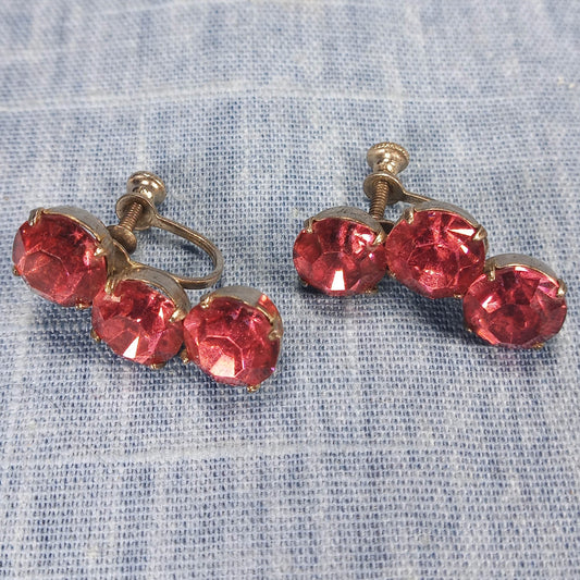 1950s Vintage Sterling Silver Screw Back Earrings with Three Pink Rhinestones