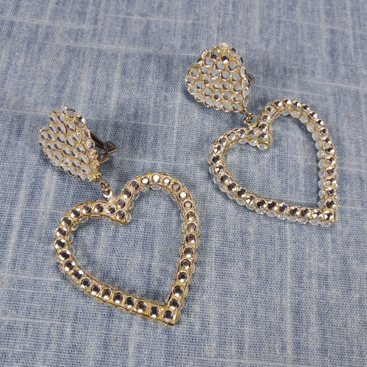 1990s Vintage Clip Earrings in a Heart Design with Clear Rhinestones