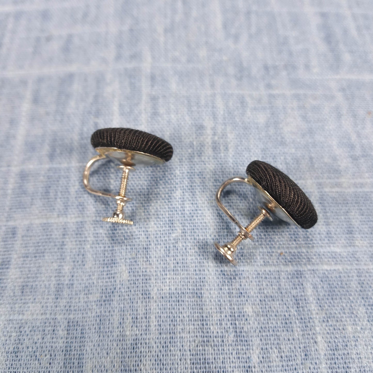 1940s Vintage Screw Back Button Earrings with Black Grosgrain