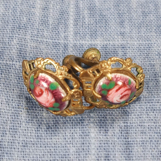1950s Vintage Screw Back Earrings with a Painted Rose Design on Filigree