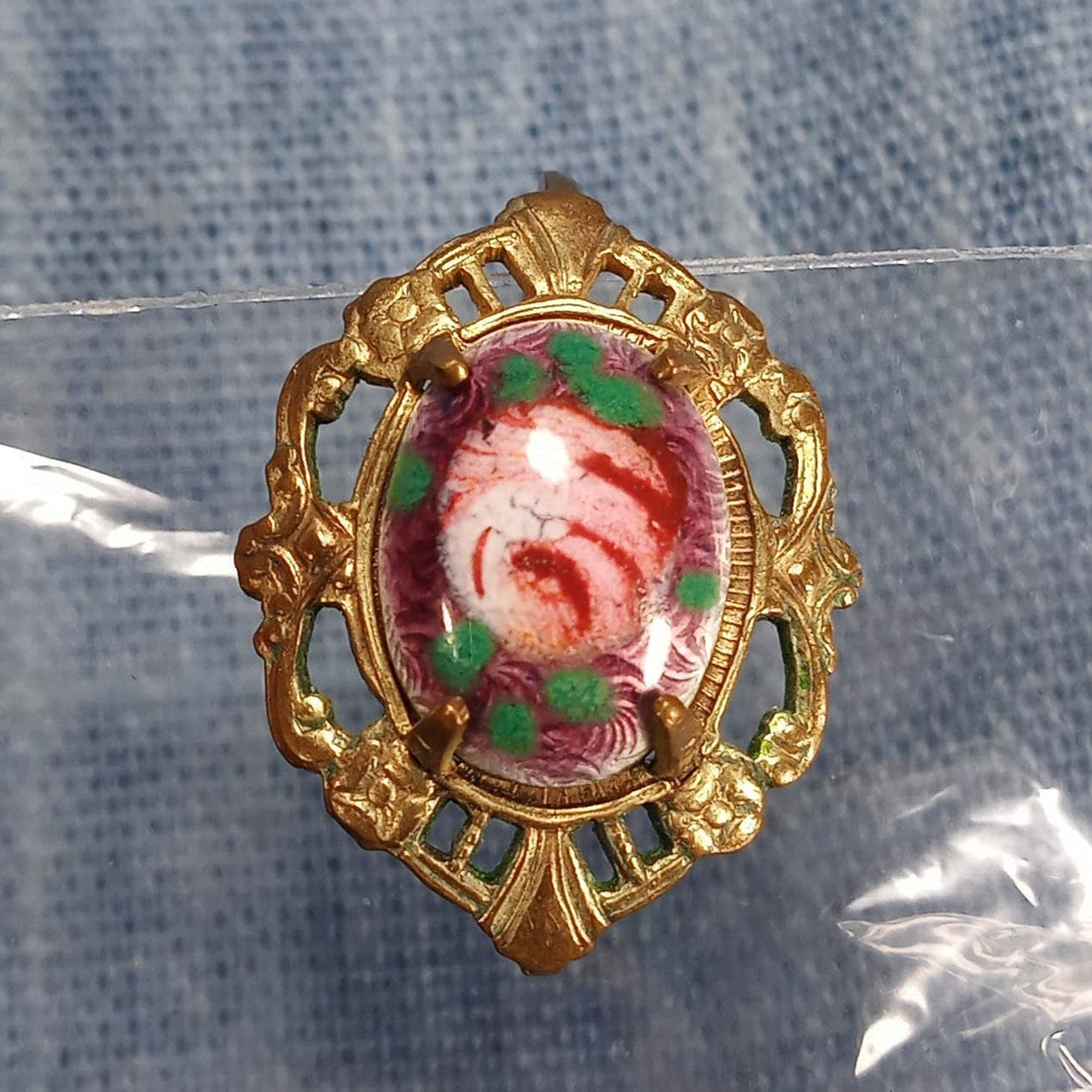 1950s Vintage Screw Back Earrings with a Painted Rose Design on Filigree