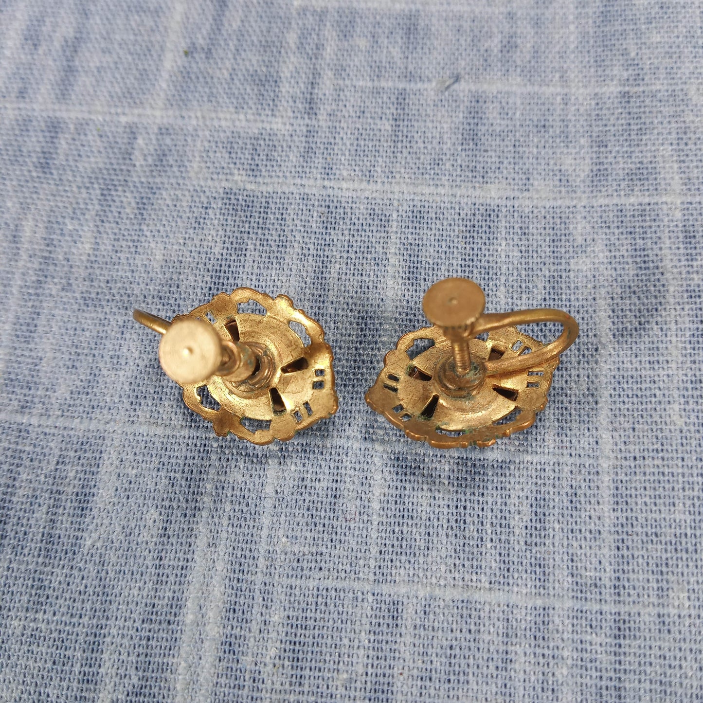 1950s Vintage Screw Back Earrings with a Painted Rose Design on Filigree
