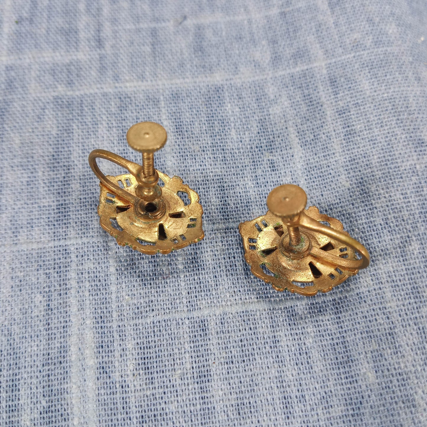 1950s Vintage Screw Back Earrings with a Painted Rose Design on Filigree