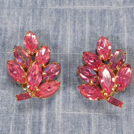 1950s Vintage Clip Earrings with Pink Rhinestones in a Leaf Design by LaRoca