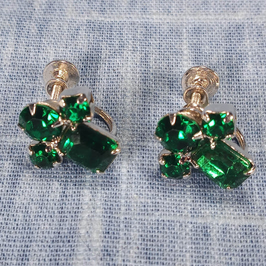 1960s Vintage Screw Back Earrings with Forest Green Rhinestones