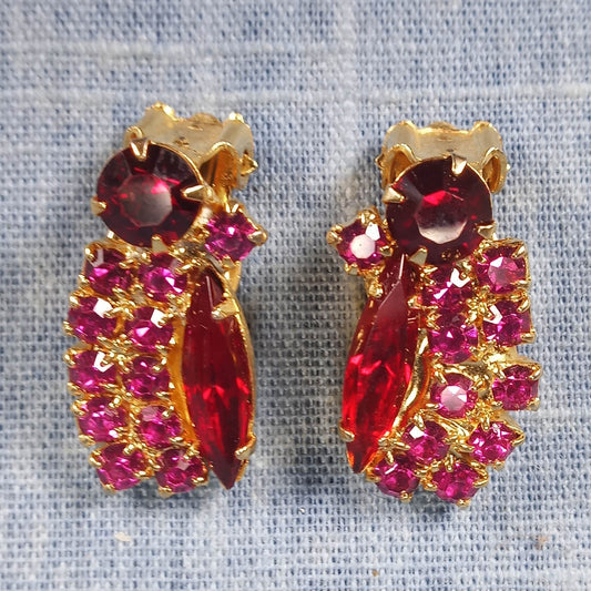 1960s Vintage Clip Earrings with Pink and Red Rhinestones
