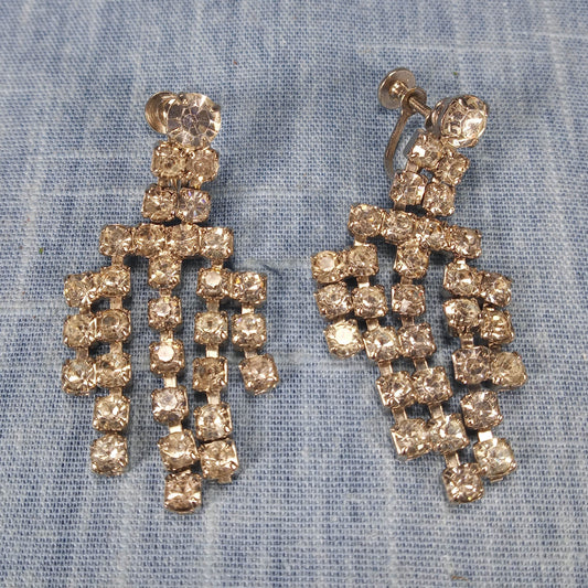 1950s Vintage Dangle Screw Back Earrings with Clear Rhinestones