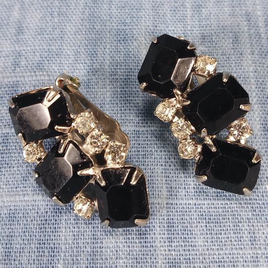1950s Vintage Clip Earrings: Crescent Shaped with Black and Clear Rhinestones