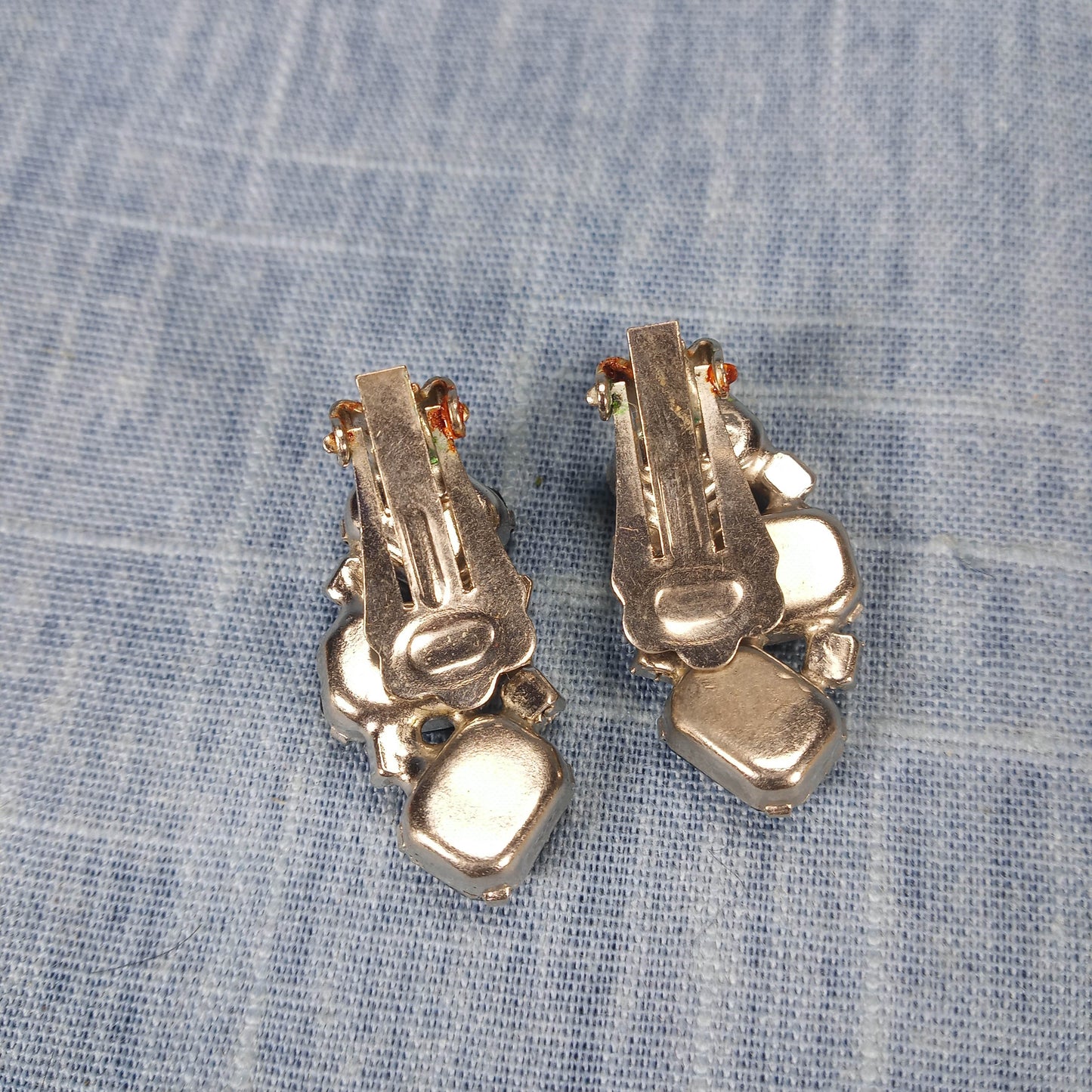 1950s Vintage Clip Earrings: Crescent Shaped with Black and Clear Rhinestones
