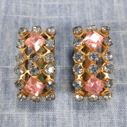1960s Vintage Clip Earrings with Pink and Light Blue Rhinestones in a Box Shape